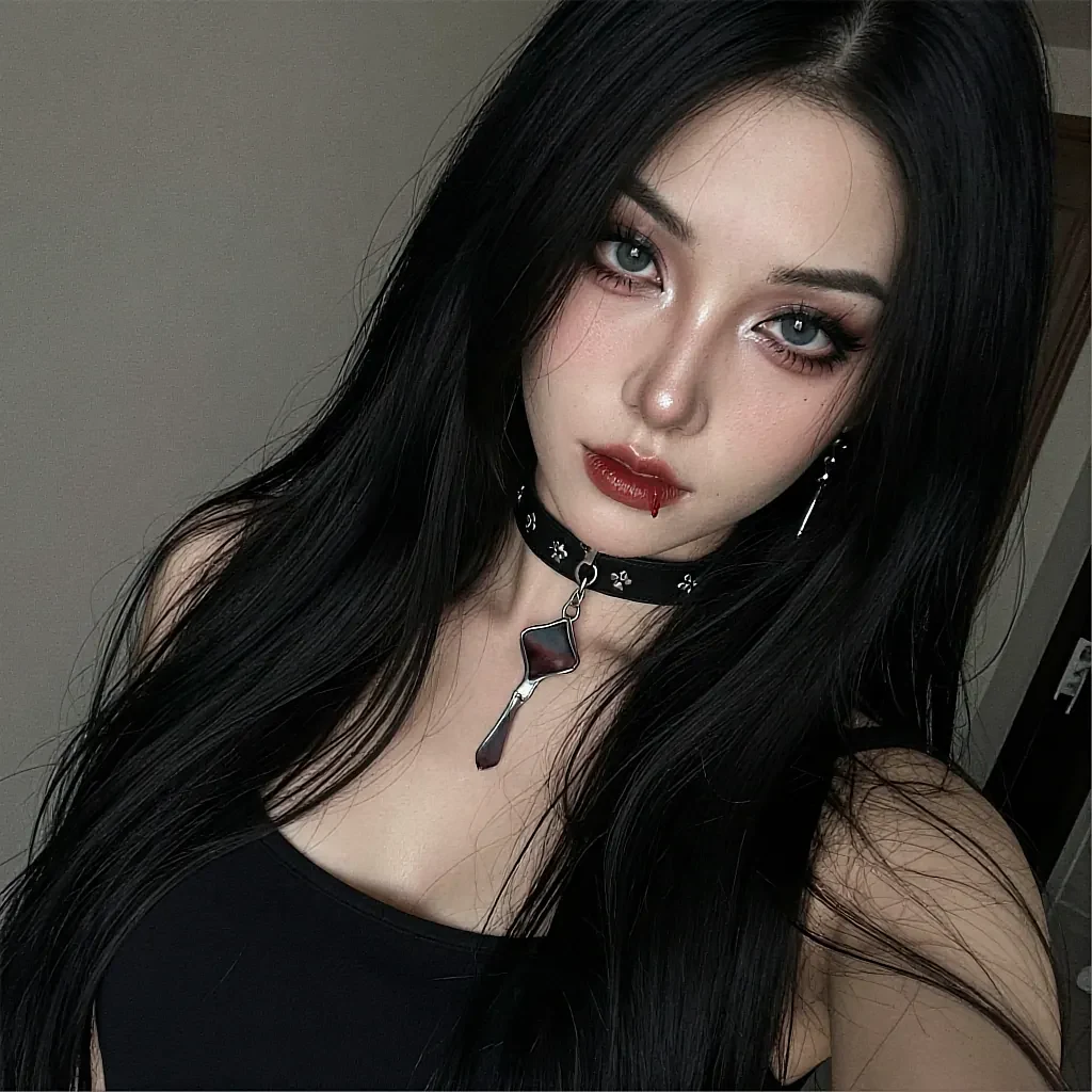 Round carousel portrait of a fictional AI character with long black hair and a choker