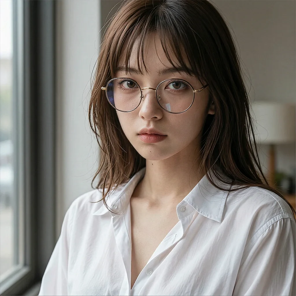 Round carousel portrait of a fictional AI character in round glasses and a white shirt
