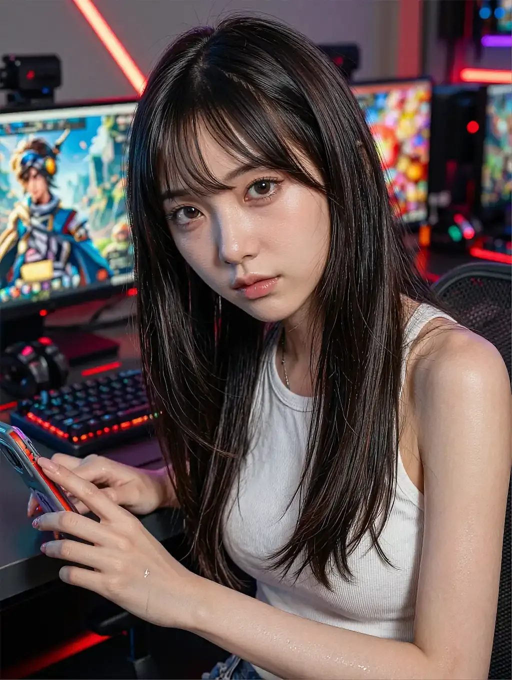 Fictional AI character at a gaming desk holding a phone, answering in short lines