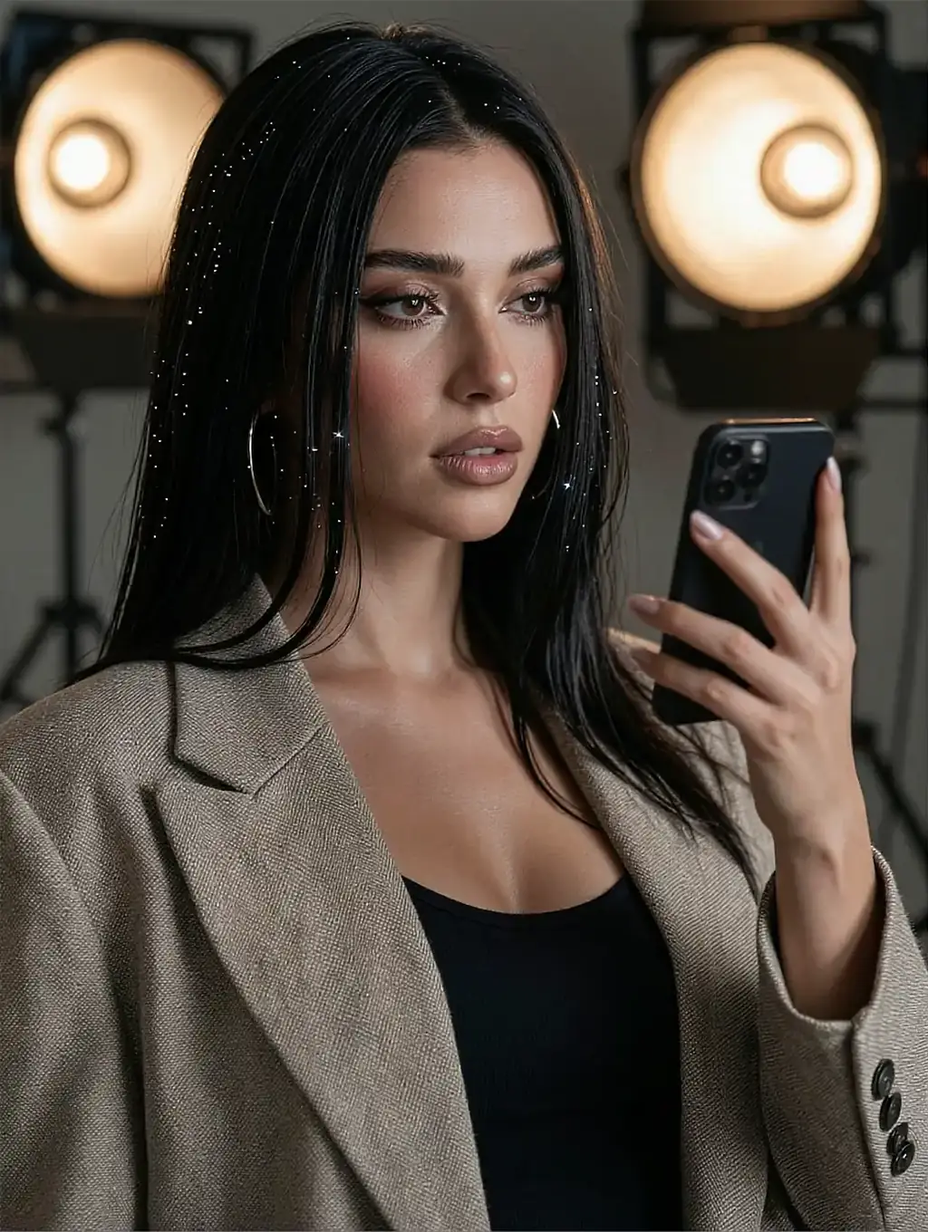 Fictional AI character in a beige blazer checking her phone under studio lights