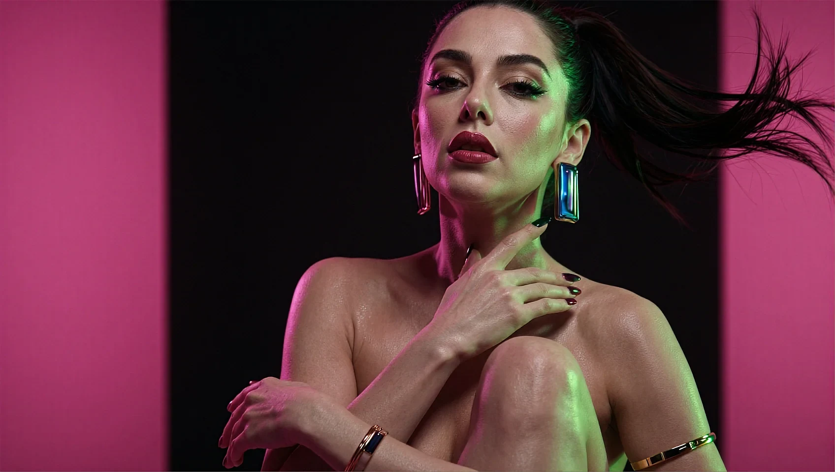 Fictional AI character with hoop earrings against a pink and green neon wall