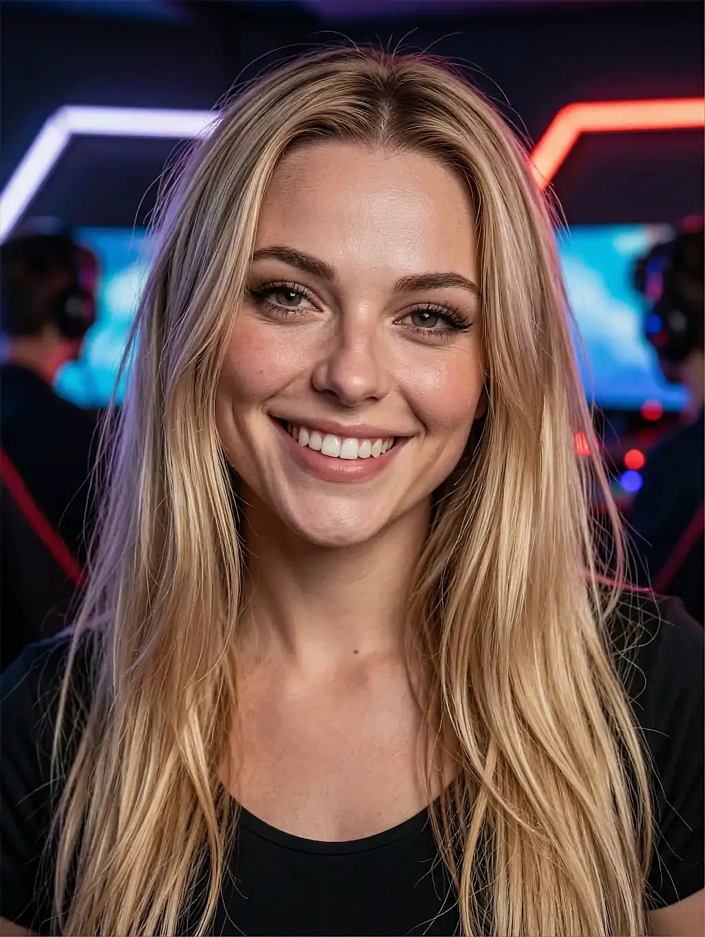 Blonde fictional AI character smiling on a rooftop, free to open without a card
