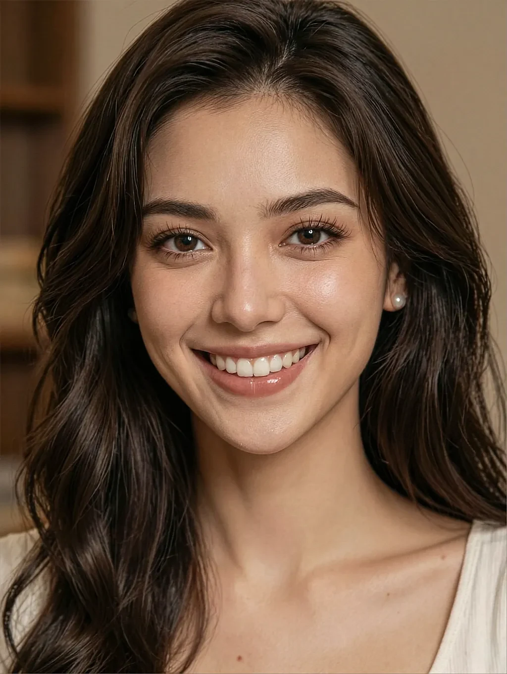 Smiling fictional AI character in warm indoor light, available on the free tier