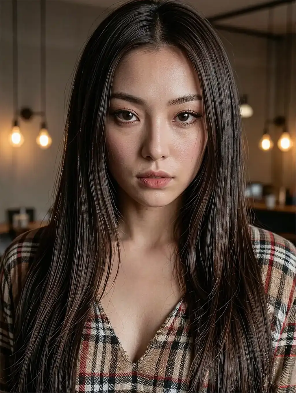 Fictional AI character in a plaid shirt under pendant lights, free to message first