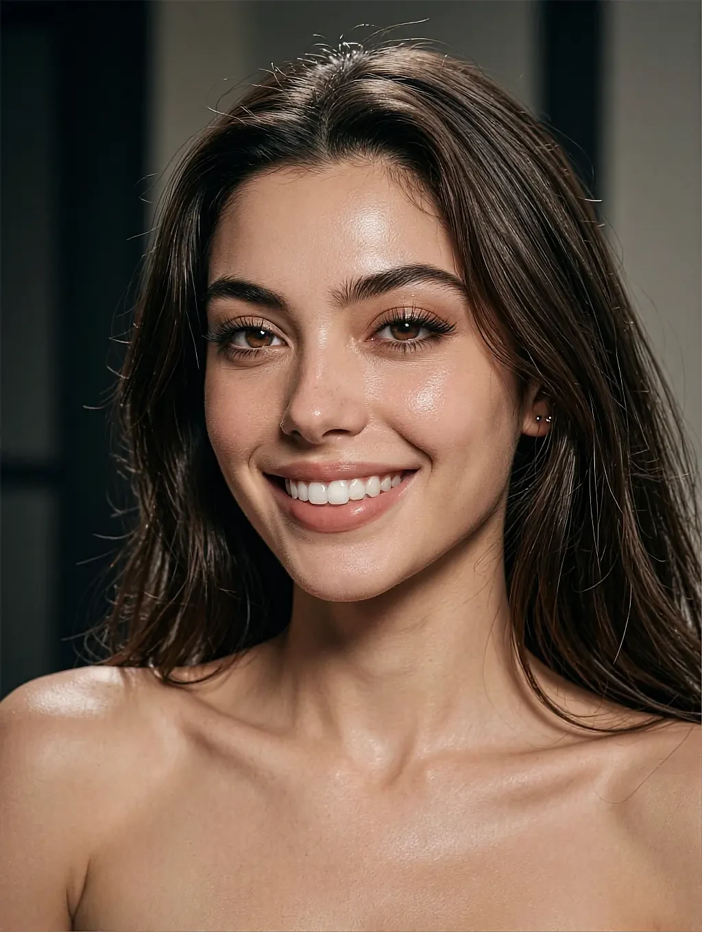 Smiling fictional adult AI character with bare shoulders in a dim room