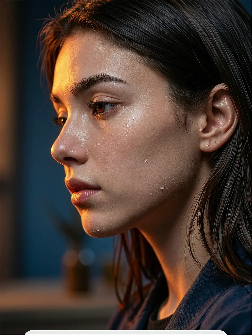 Close profile of a fictional adult AI character's face in low warm light