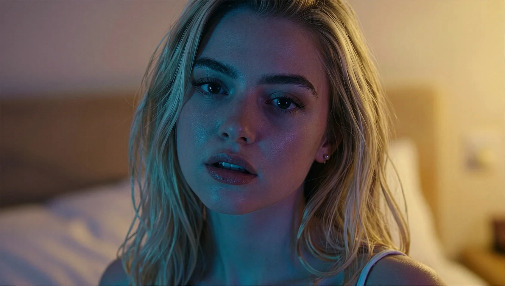Blonde fictional AI character in blue bedroom light, looking up mid-thought