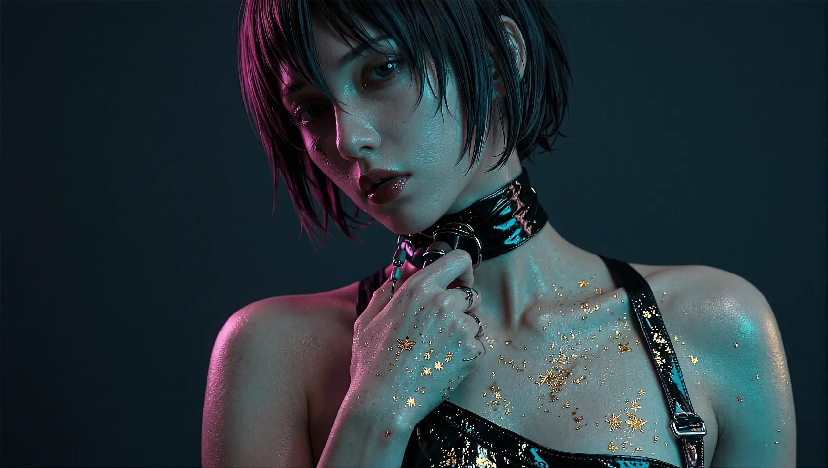 Short-haired fictional AI character lit in teal against a dark studio wall