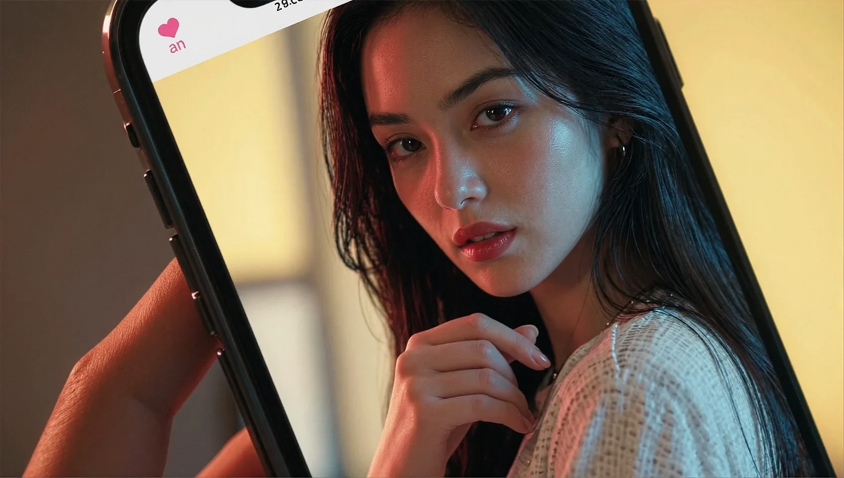 Fictional adult AI character standing beside a phone showing a chat app