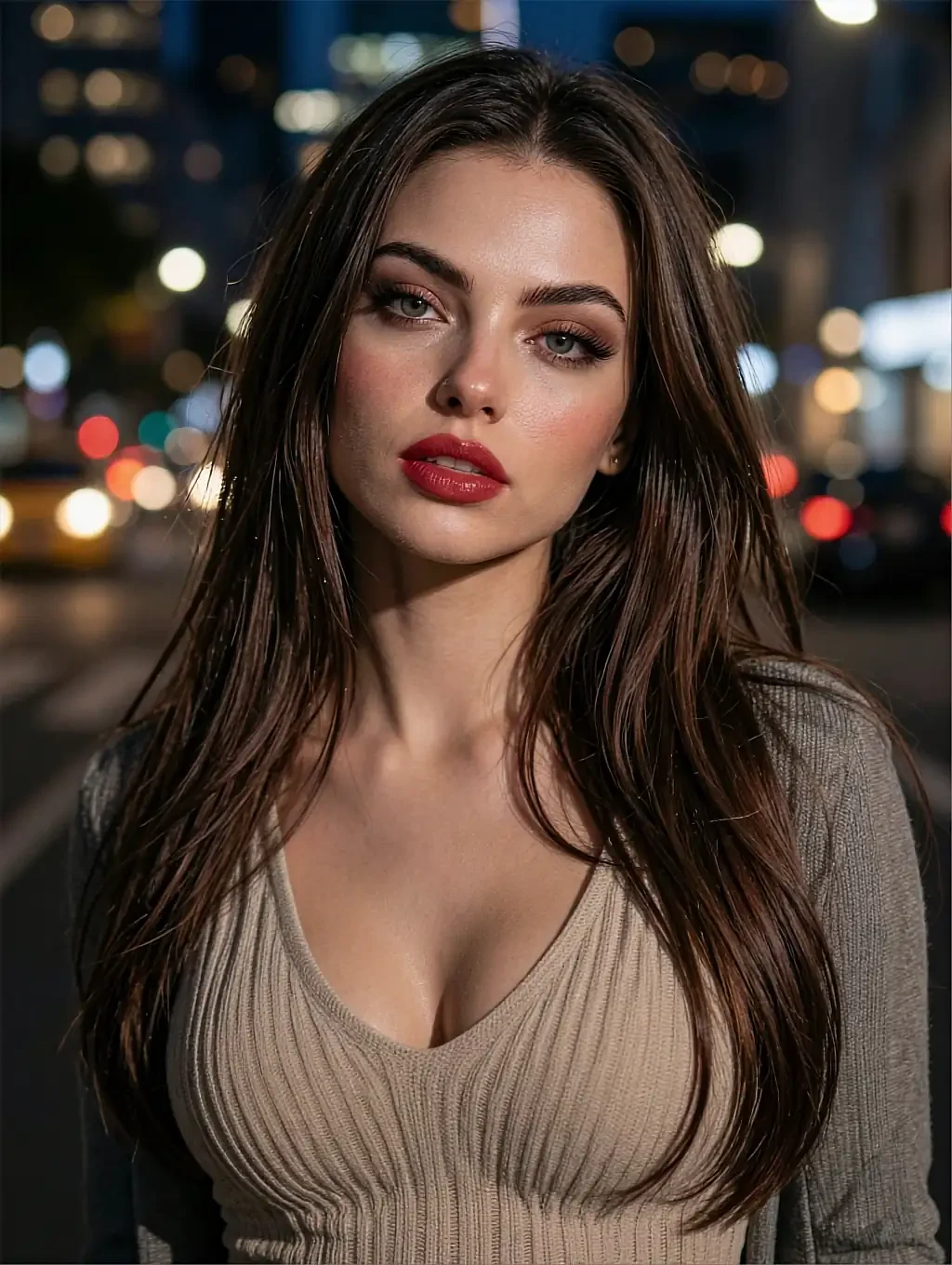 Fictional AI character in a beige knit top with a city night behind her